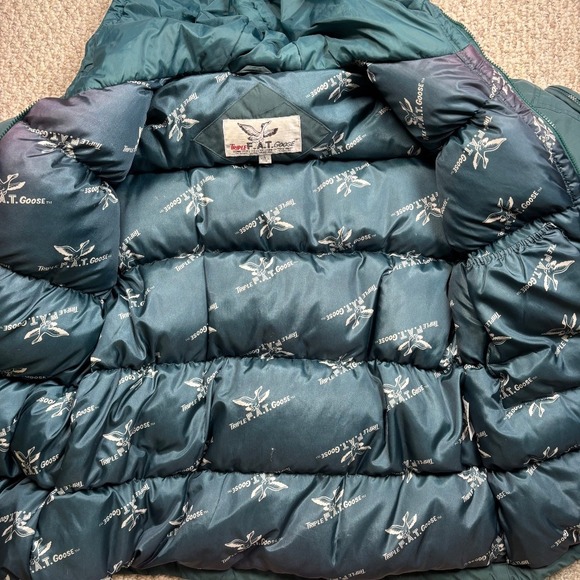 Vintage Triple F.A.T. Goose Down Parka Winter Puffer Coat L Hooded Jacket Teal - Picture 5 of 9